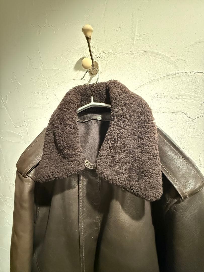 ダークブラウン ボア襟 ボンバージャケット　レザージャケット　48