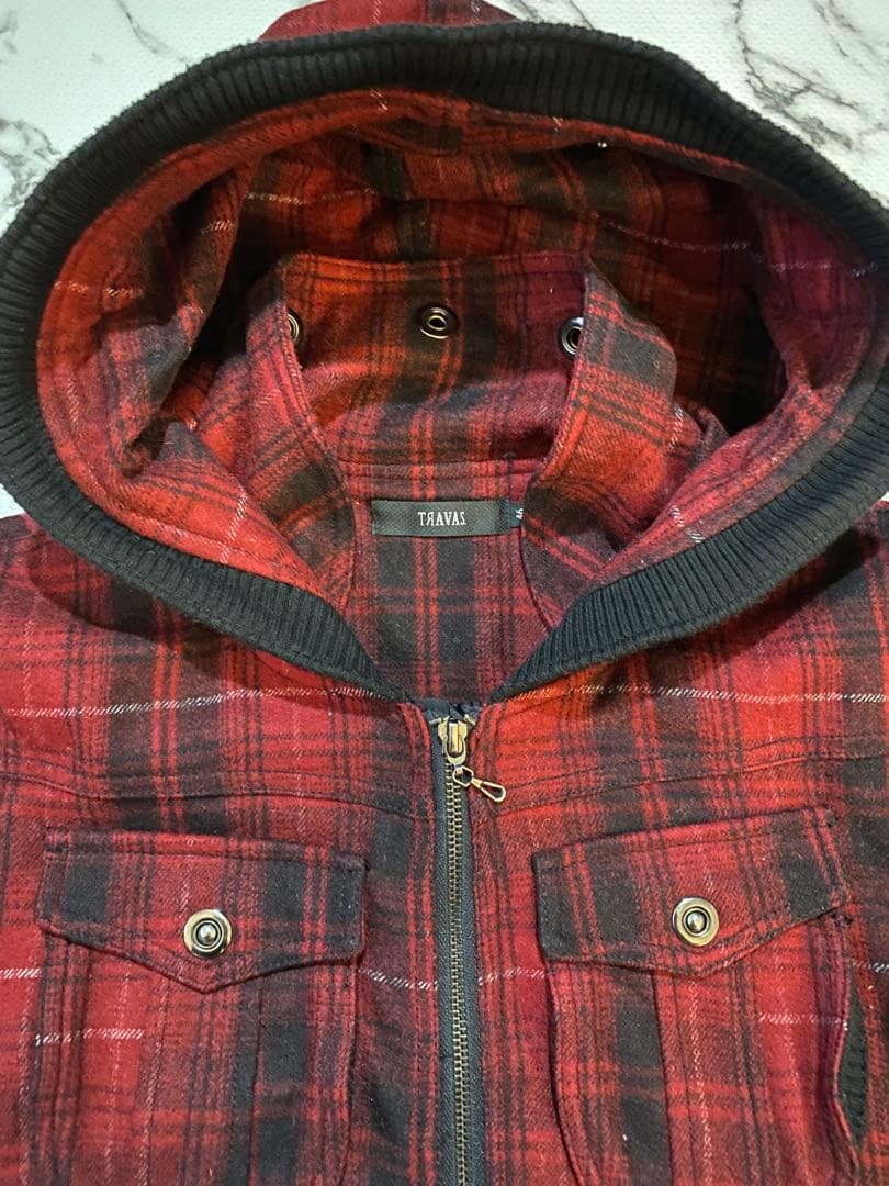 Y2K archive フード収納　ギミック　ジップアップ　赤黒　チェック　平成