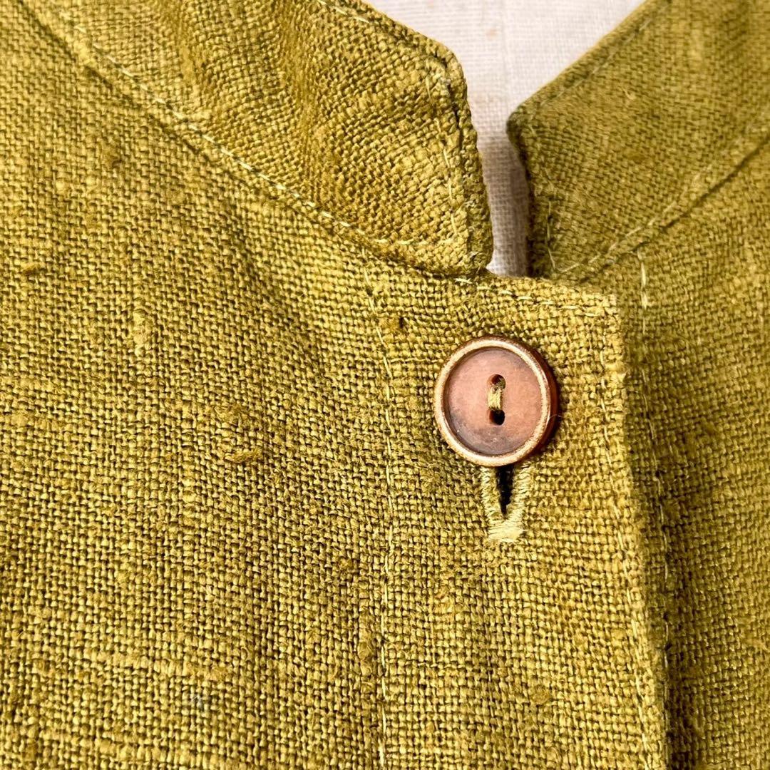 リネン100% 前開き バンドカラー ノースリーブ ロング ワンピース Y895