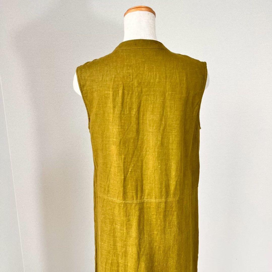 リネン100% 前開き バンドカラー ノースリーブ ロング ワンピース Y895