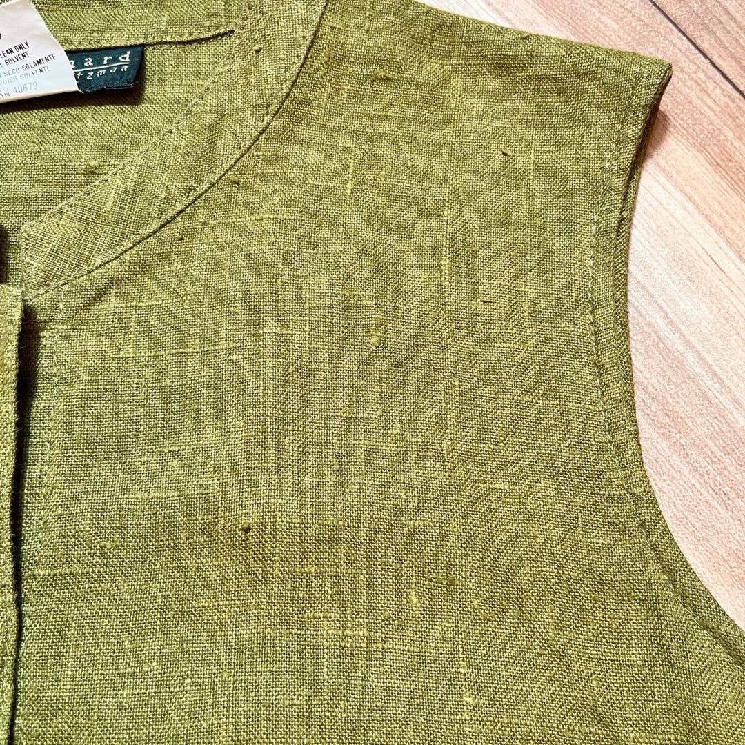 リネン100% 前開き バンドカラー ノースリーブ ロング ワンピース Y895