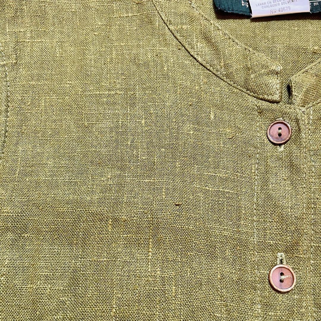 リネン100% 前開き バンドカラー ノースリーブ ロング ワンピース Y895