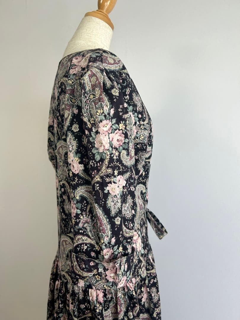 ヴィンテージ USA製 花柄 ペイズリー柄 五分袖 ロングワンピース O62