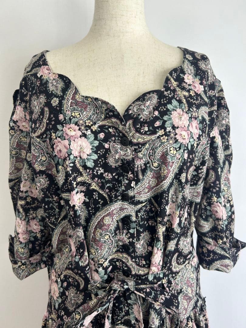 ヴィンテージ USA製 花柄 ペイズリー柄 五分袖 ロングワンピース O62