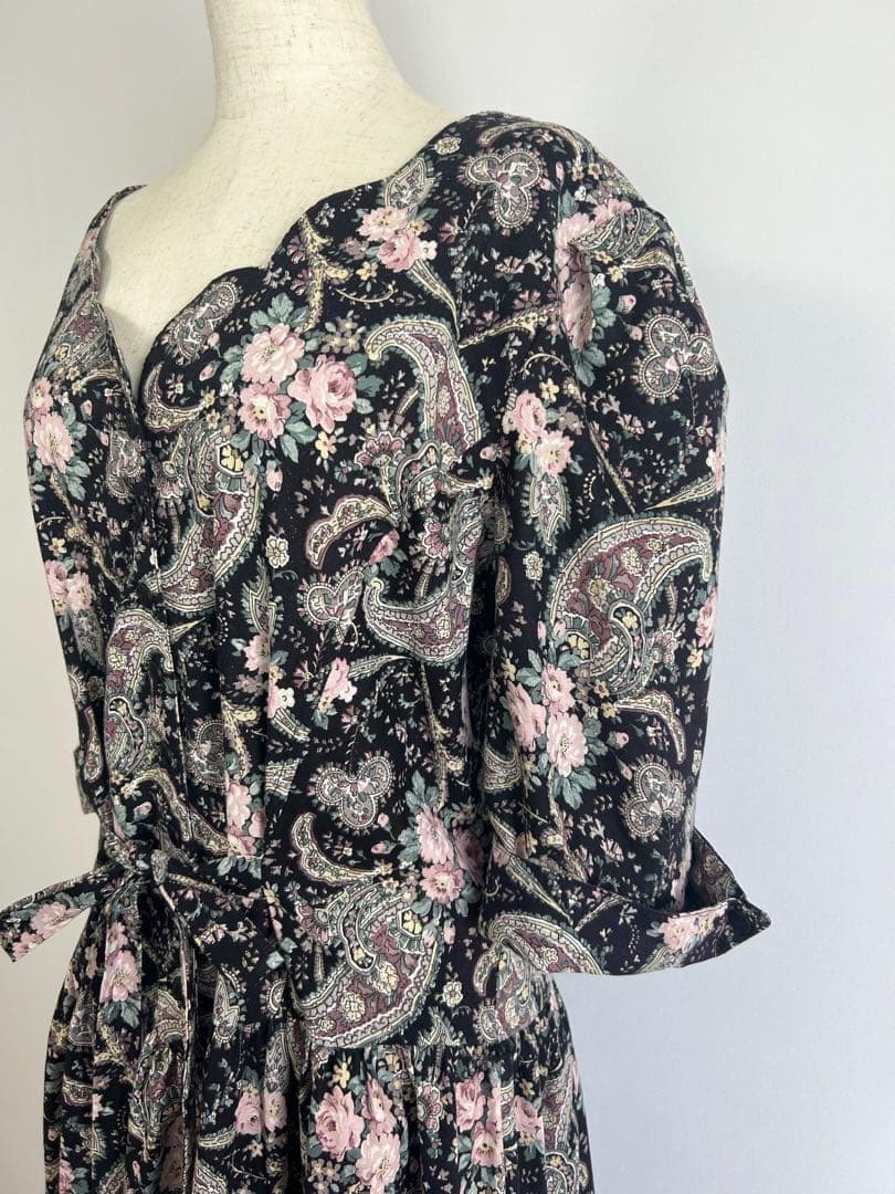 ヴィンテージ USA製 花柄 ペイズリー柄 五分袖 ロングワンピース O62