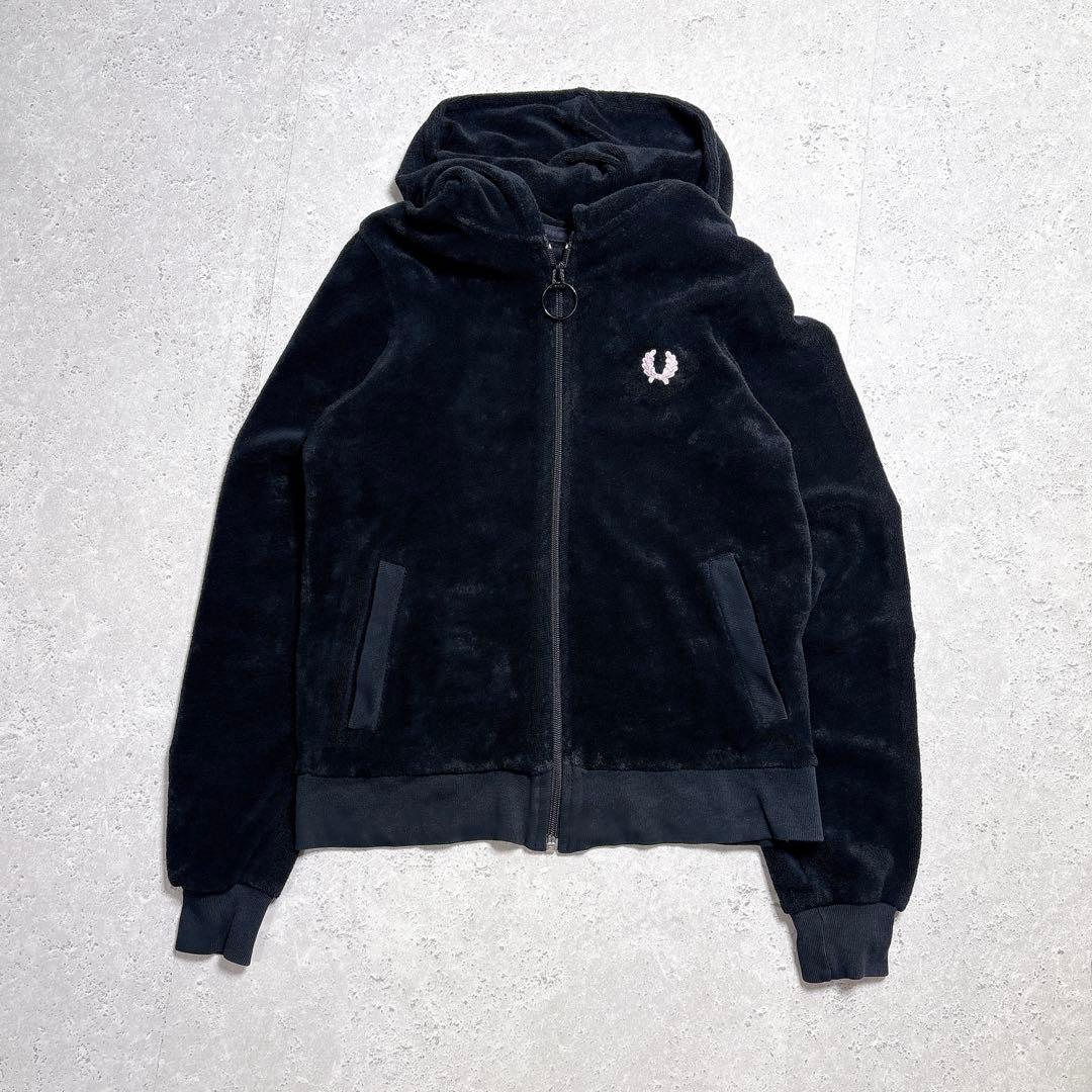 フレッドペリー　ベロアトラックジャケット　ジップアップパーカー　刺繍ロゴ　黒