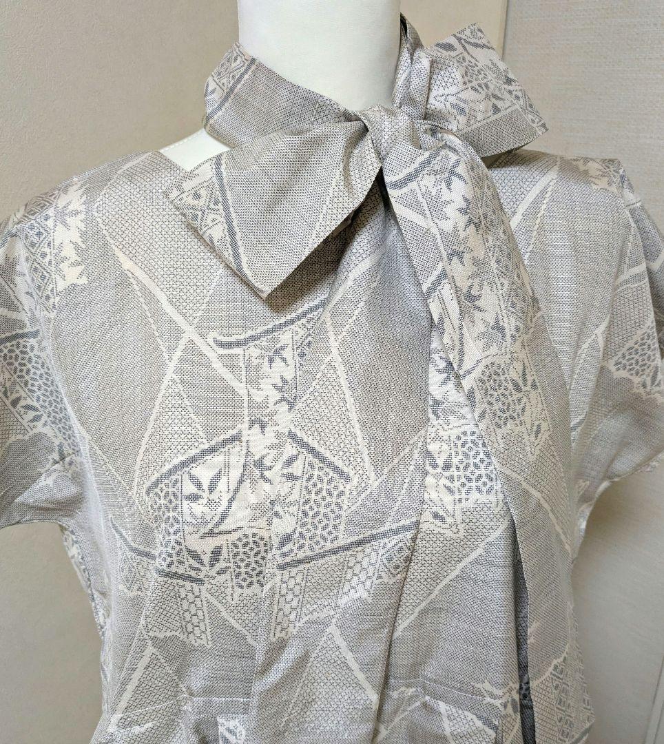 121　白系　ワンピース＋リボンベルト＋スカーフ　着物リメイク　大島紬