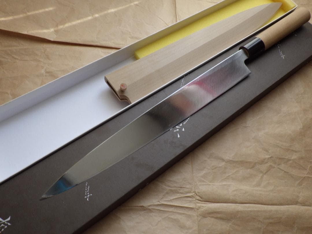 京都/有次・特製/柳刃刺身包丁★黒水牛柄・未使用★鞘ピン・共箱有り▲記名有▲