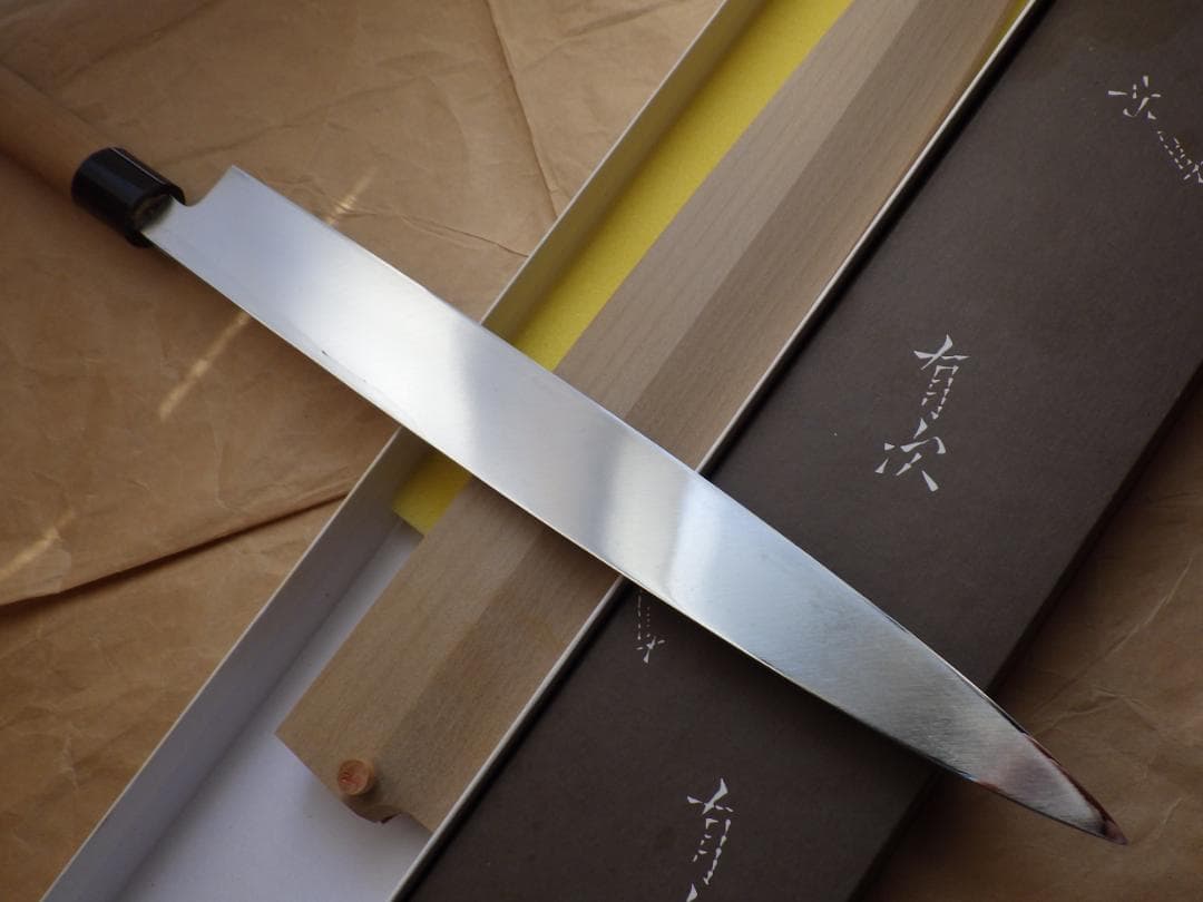 京都/有次・特製/柳刃刺身包丁★黒水牛柄・未使用★鞘ピン・共箱有り▲記名有▲