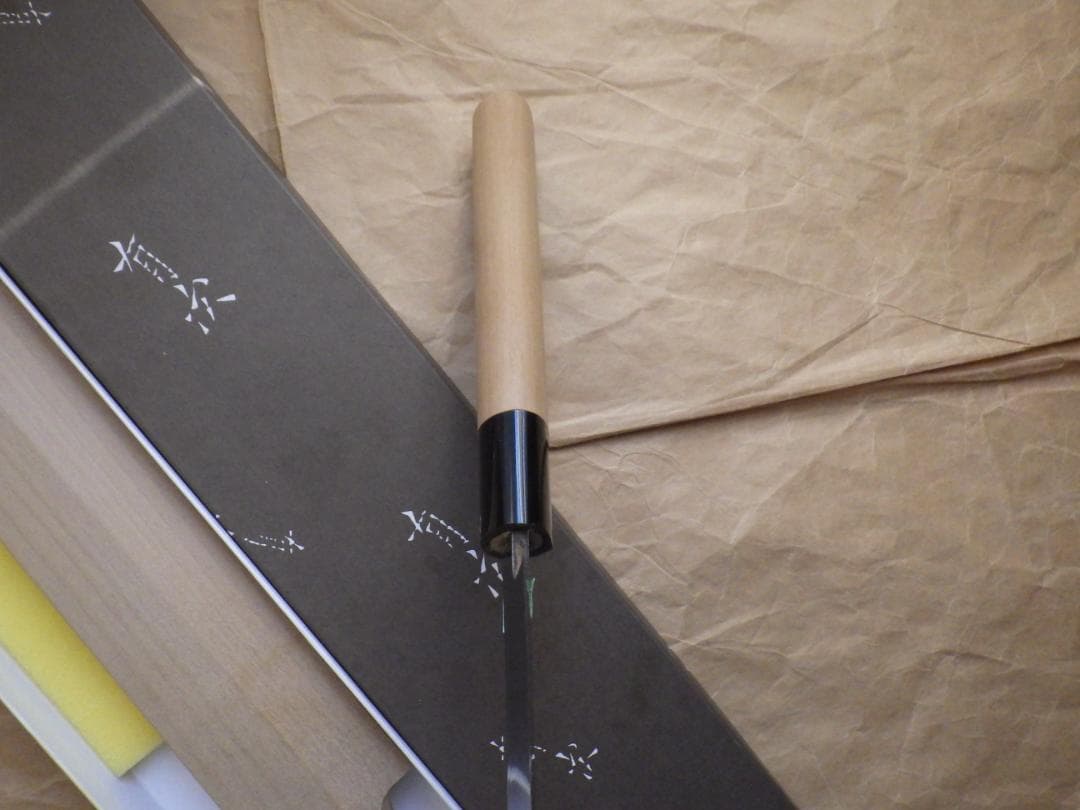 京都/有次・特製/柳刃刺身包丁★黒水牛柄・未使用★鞘ピン・共箱有り▲記名有▲