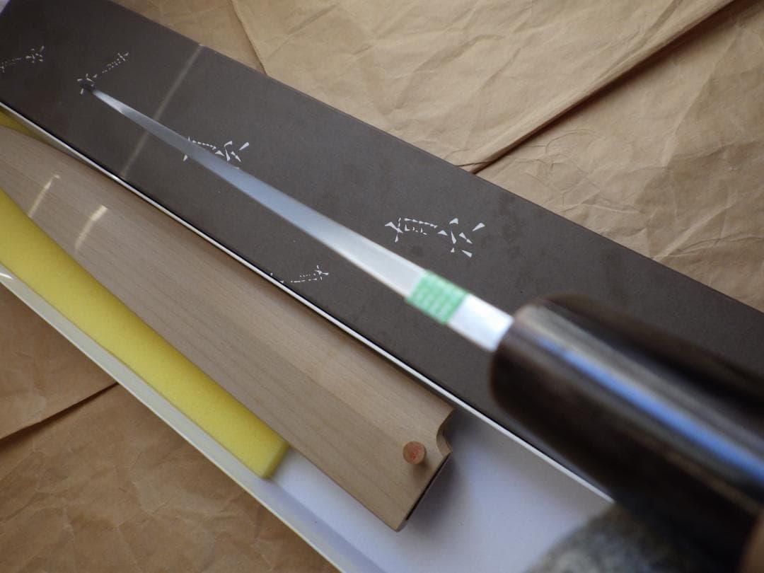 京都/有次・特製/柳刃刺身包丁★黒水牛柄・未使用★鞘ピン・共箱有り▲記名有▲