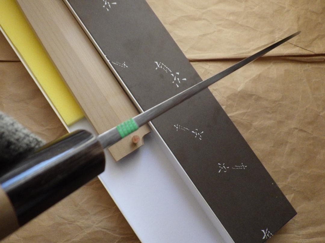 京都/有次・特製/柳刃刺身包丁★黒水牛柄・未使用★鞘ピン・共箱有り▲記名有▲