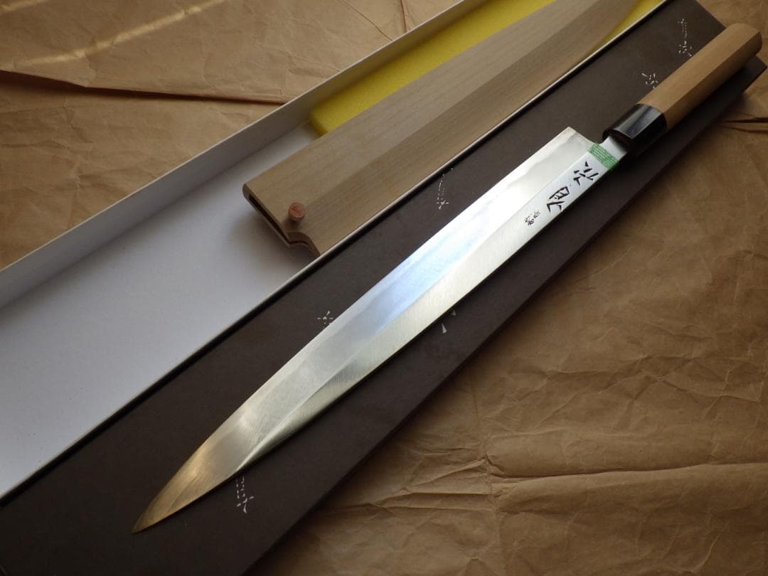 京都/有次・特製/柳刃刺身包丁★黒水牛柄・未使用★鞘ピン・共箱有り▲記名有▲