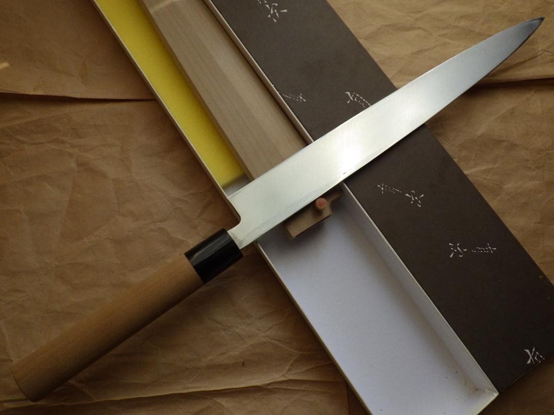 京都/有次・特製/柳刃刺身包丁★黒水牛柄・未使用★鞘ピン・共箱有り▲記名有▲