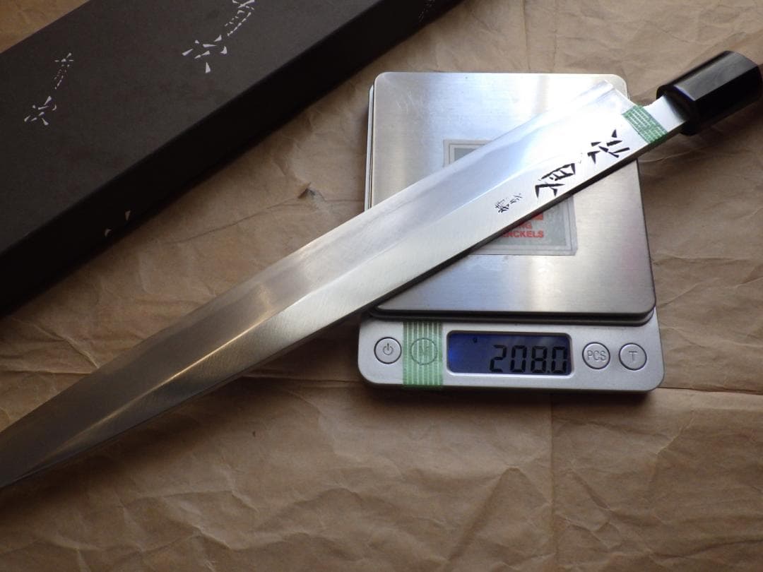 京都/有次・特製/柳刃刺身包丁★黒水牛柄・未使用★鞘ピン・共箱有り▲記名有▲