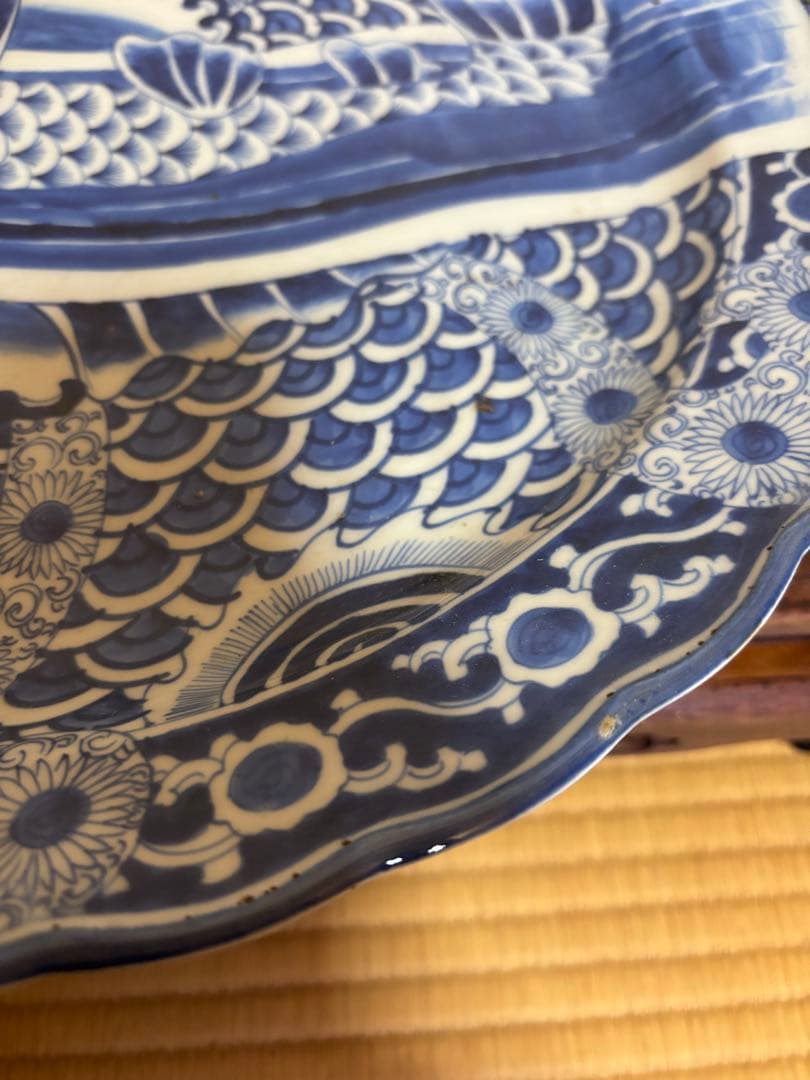 古伊万里　染付　鯉の滝登り図大皿　登竜門　38cm
