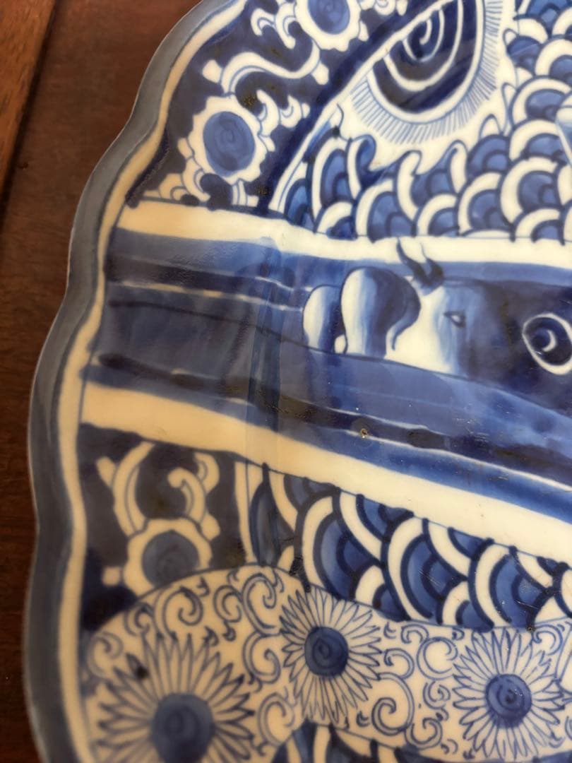 古伊万里　染付　鯉の滝登り図大皿　登竜門　38cm