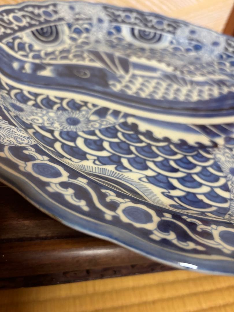 古伊万里　染付　鯉の滝登り図大皿　登竜門　38cm