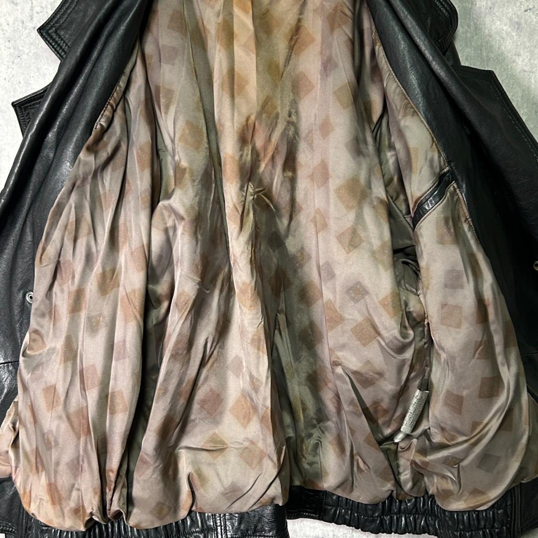 ヴィンテージ 羊革 ラムレザー ジャケット ブルゾン 短丈 黒 裏地総柄 本革