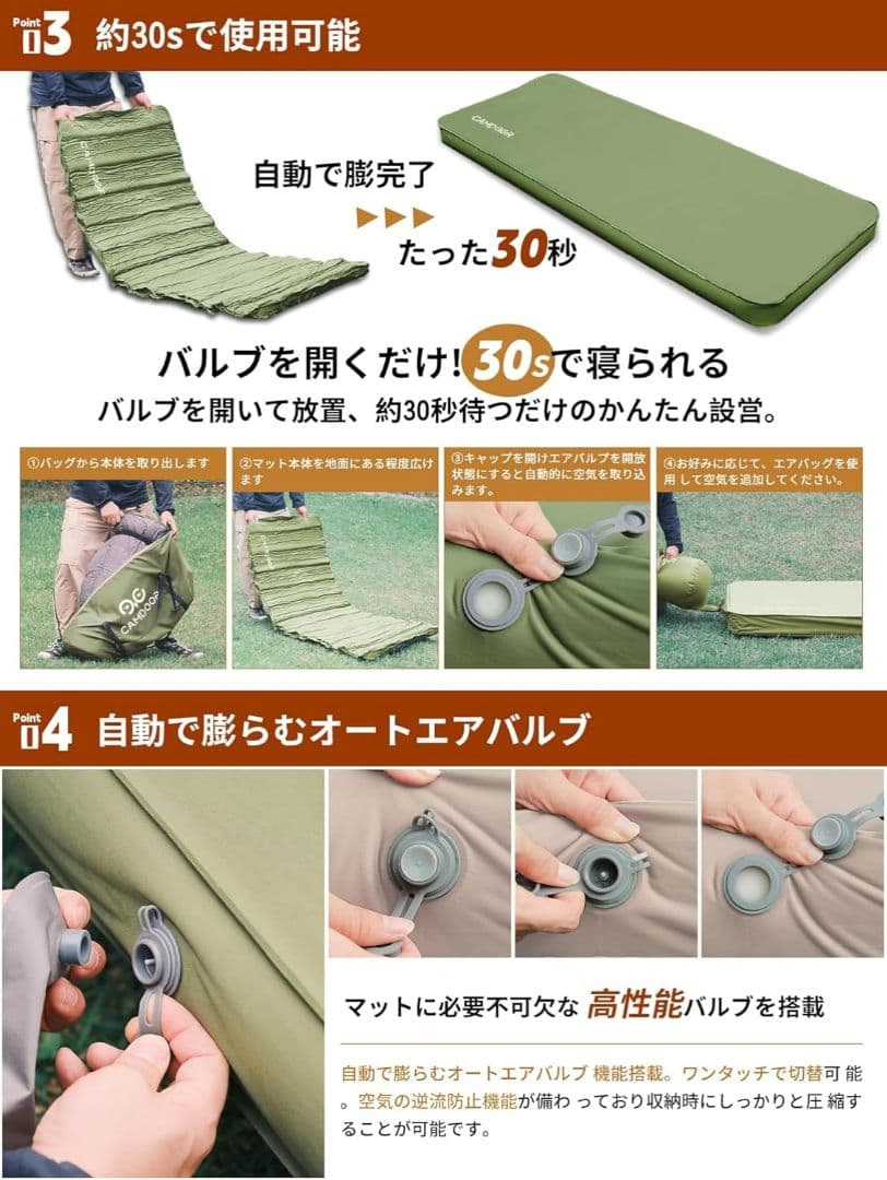 【新品】CAMDOOR インフレーターマットDXシングル 極厚10cm グリーン