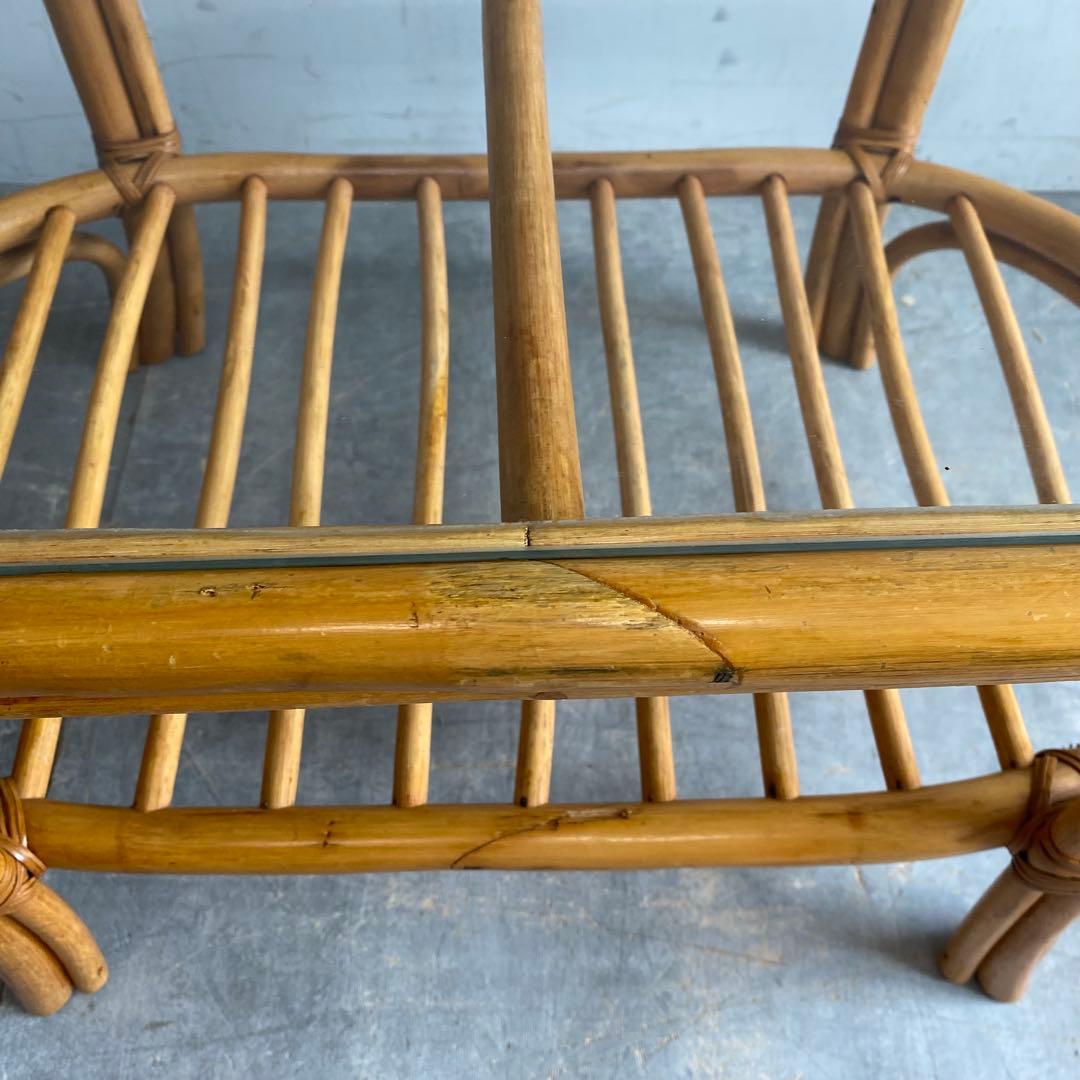 ヴィンテージ ラタン ガラス テーブル 籐 モダン 昭和レトロ z422