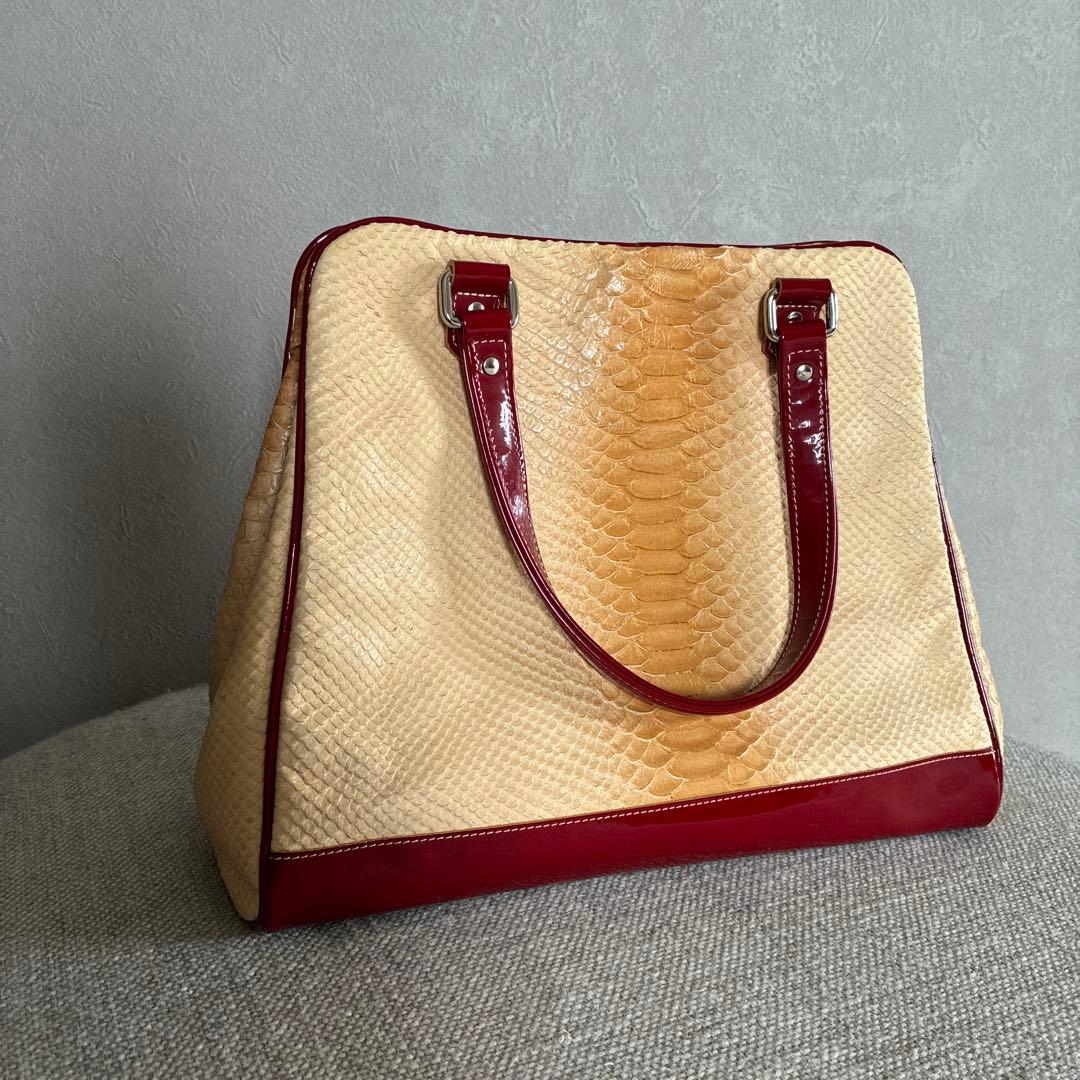 美品 JACQUES LE CORRE 中型ハンドバッグ ベージュ/レッド