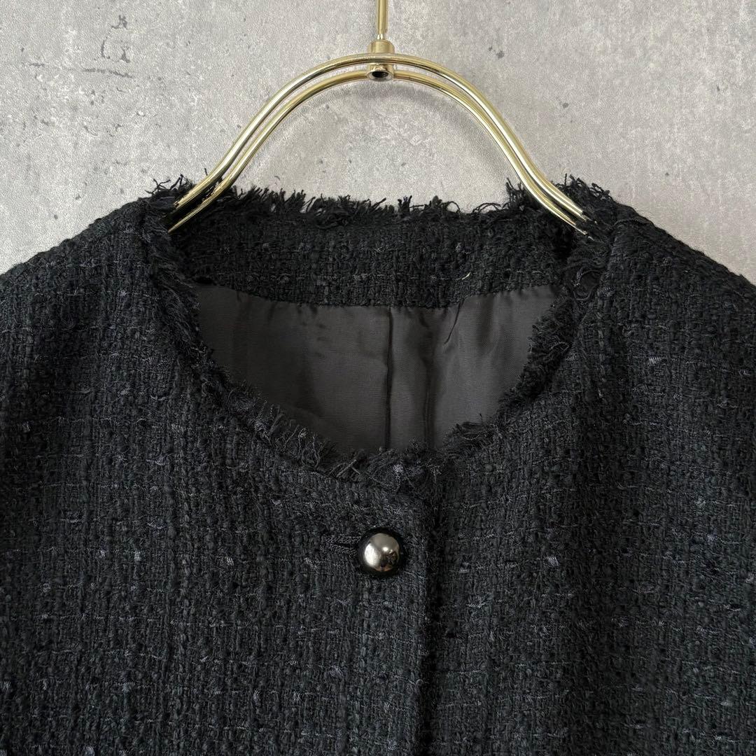 レリアン Leilian ツイードベスト ジレ フリンジ ブラック 9号