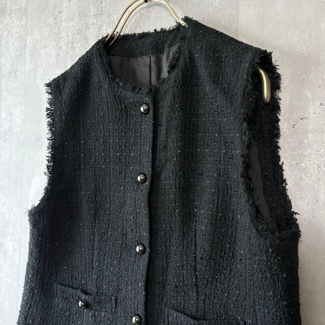 レリアン Leilian ツイードベスト ジレ フリンジ ブラック 9号
