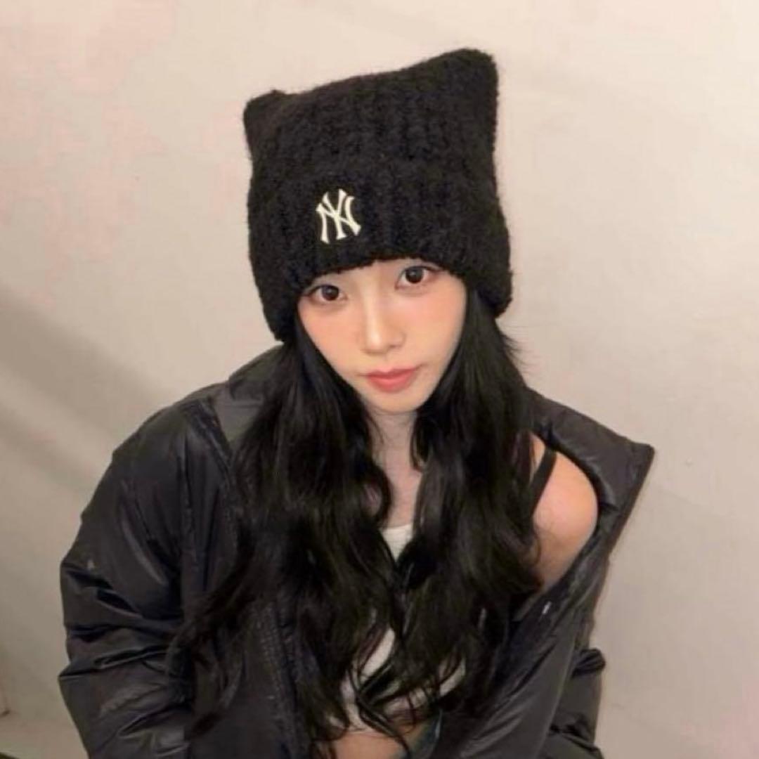 カリナ着用✨韓国限定　MLB KOREA 猫耳　ニット帽　ブラック