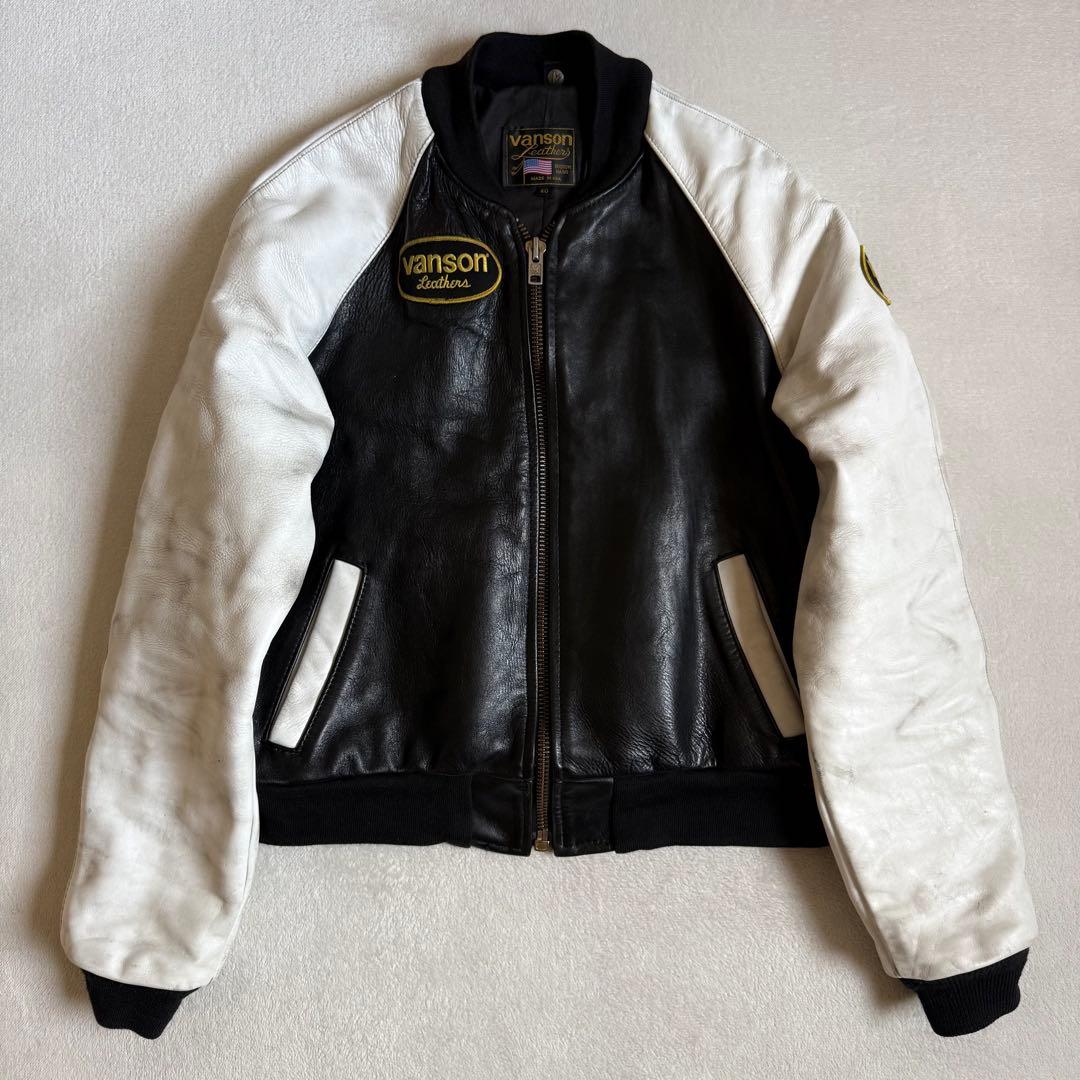 VANSONレザージャケット ワッペン ブラック ホワイト 40