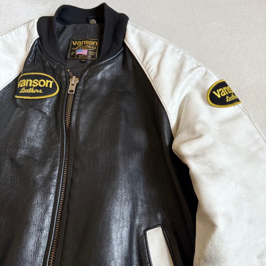 VANSONレザージャケット ワッペン ブラック ホワイト 40