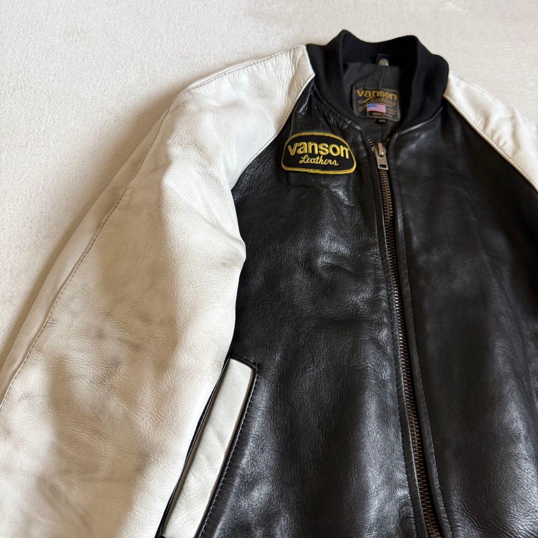VANSONレザージャケット ワッペン ブラック ホワイト 40