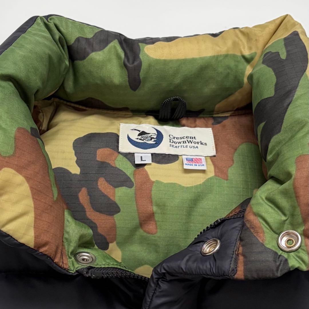 USA製★クレセントダウンワークス AVIREX ダウンベスト 黒 迷彩 カモ