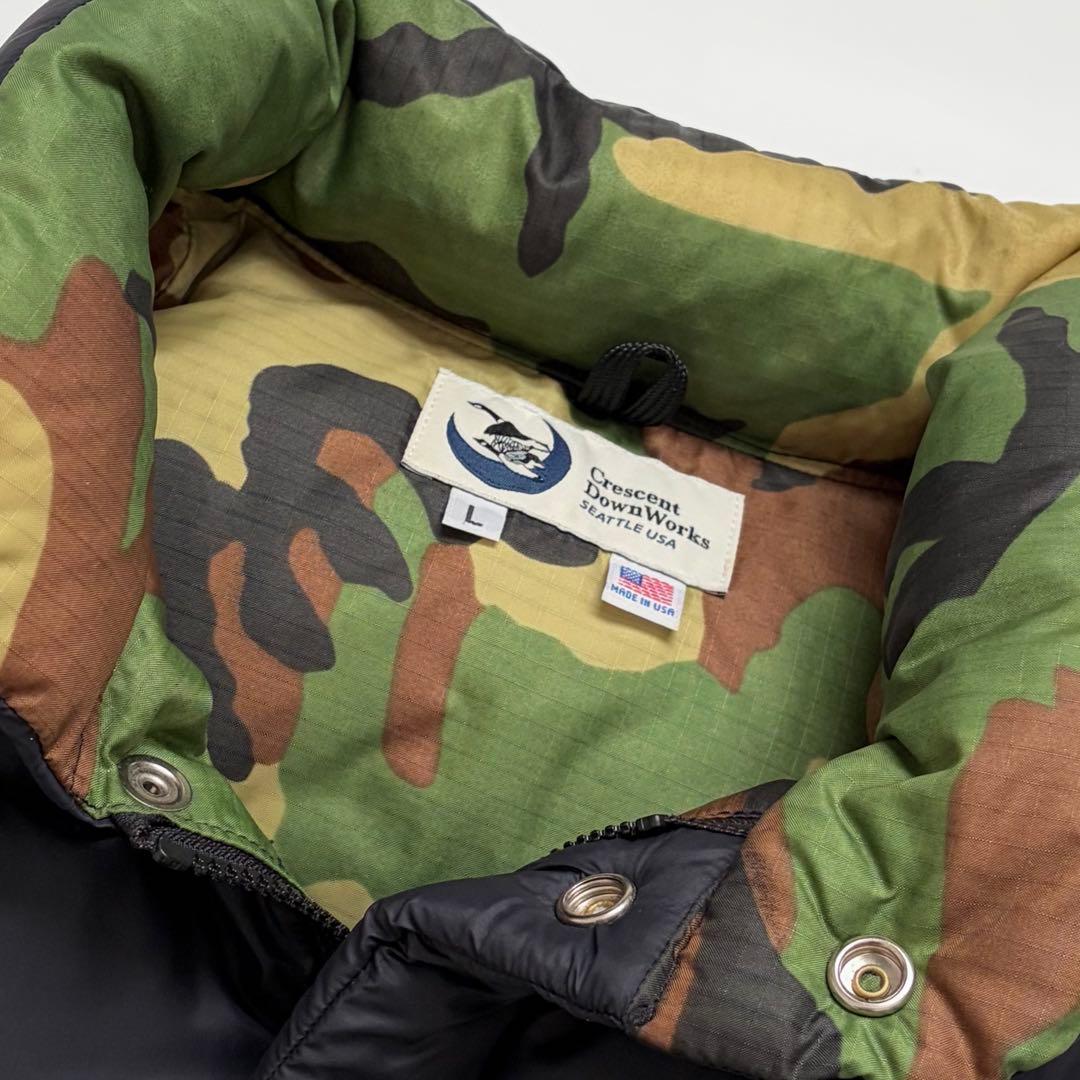 USA製★クレセントダウンワークス AVIREX ダウンベスト 黒 迷彩 カモ