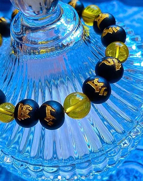 金運爆上げ　主玉1.3cm黒檀　薬師如来梵字刻印＋イエローシリトン　お念珠