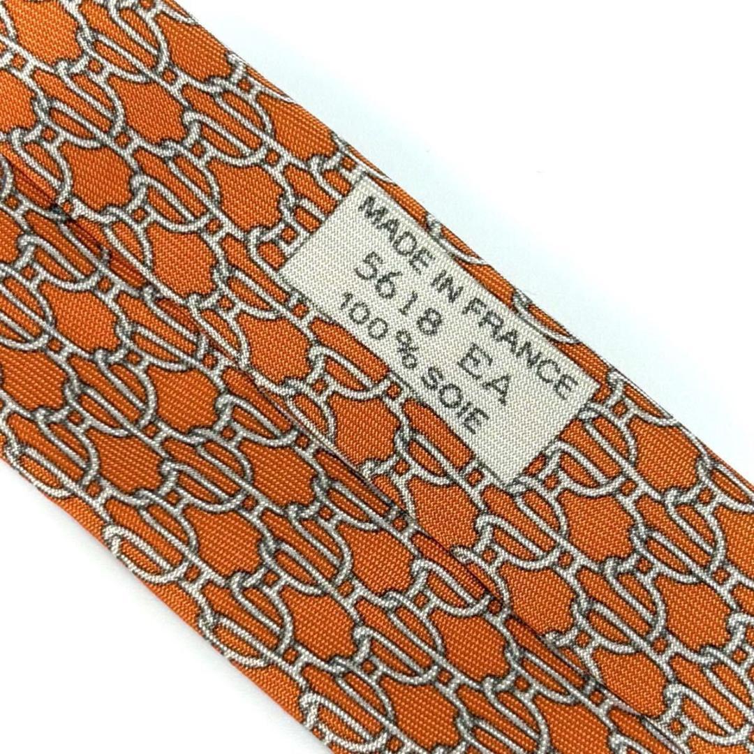 【美品】HERMES シルク チェーン ネクタイ 総柄 オレンジ フランス製