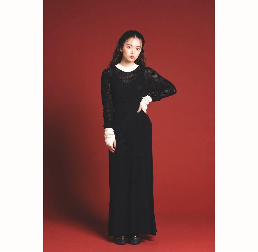 あんず【美品】PINUE メッシュ×リブ ニットワンピース 黒 M