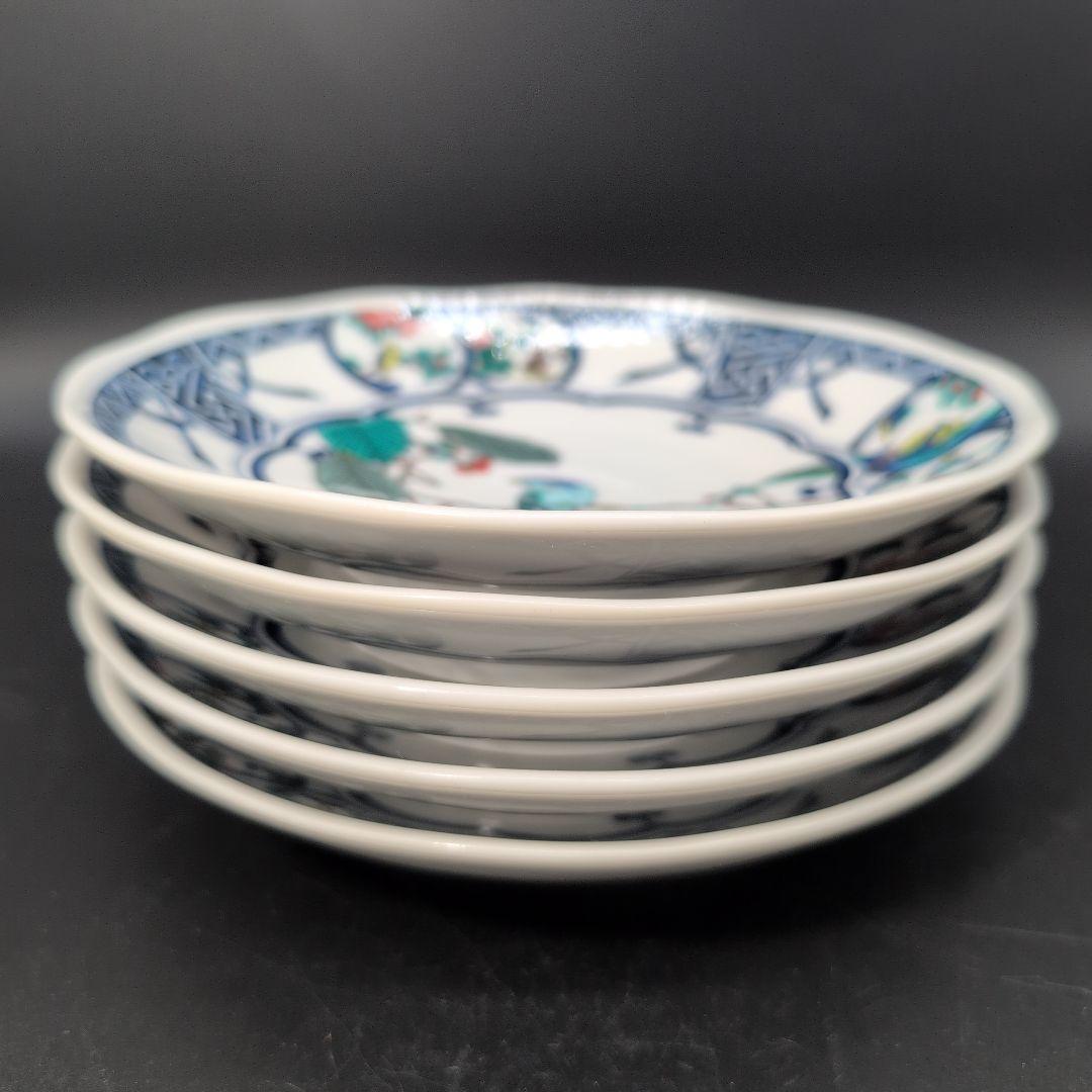 【未使用品】食器 九谷焼 中皿 ５枚セット 染付丸紋花鳥 取り皿