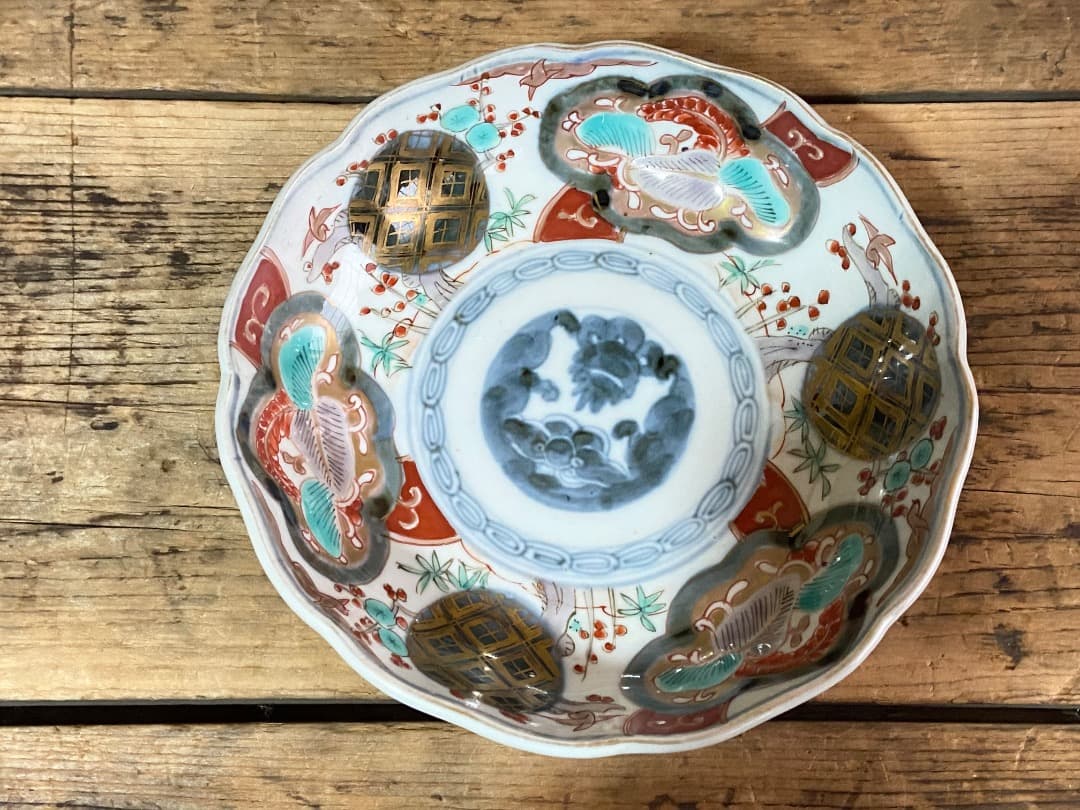 能登蔵出し 古伊万里 色絵 金彩 窓絵文 輪花皿 2 客/ 深皿 膾皿
