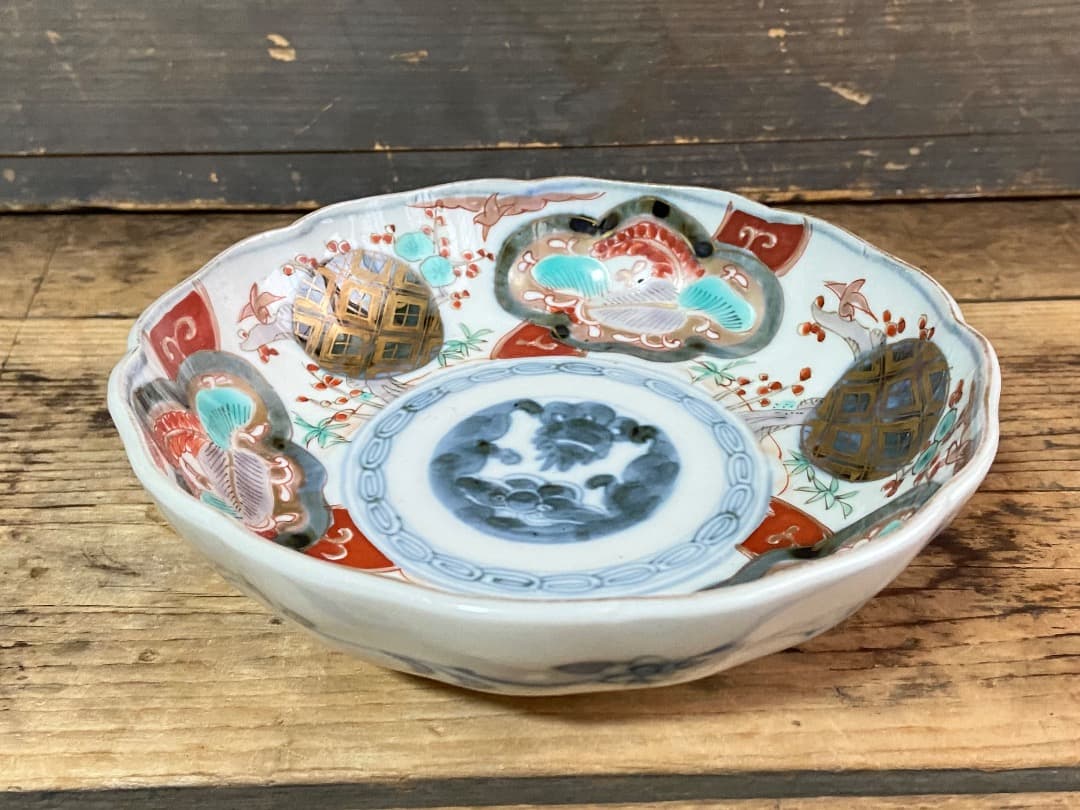 能登蔵出し 古伊万里 色絵 金彩 窓絵文 輪花皿 2 客/ 深皿 膾皿