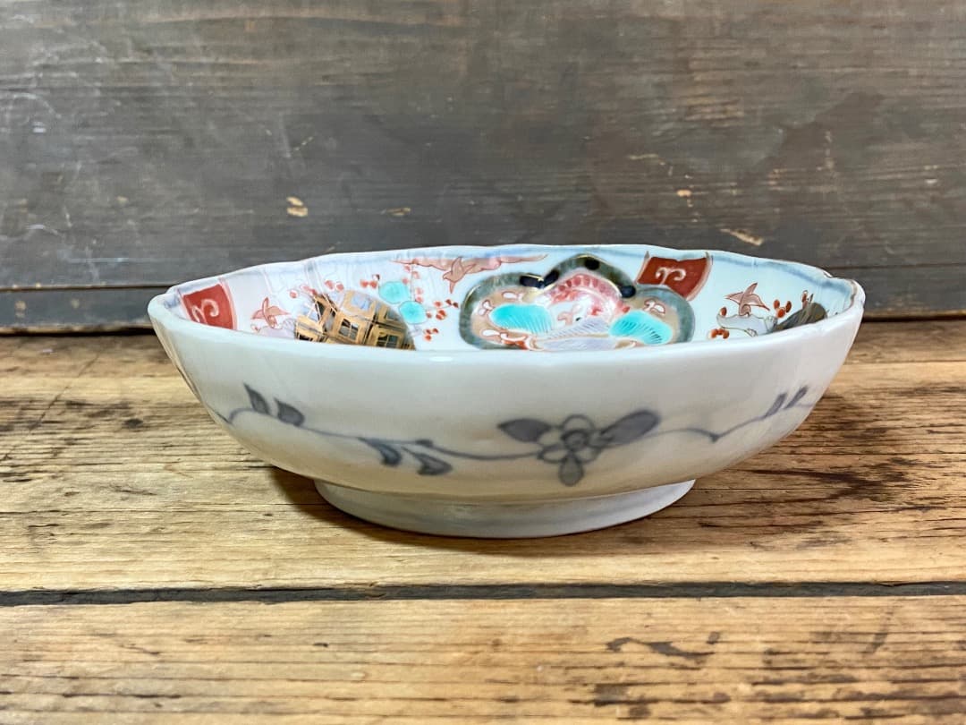能登蔵出し 古伊万里 色絵 金彩 窓絵文 輪花皿 2 客/ 深皿 膾皿