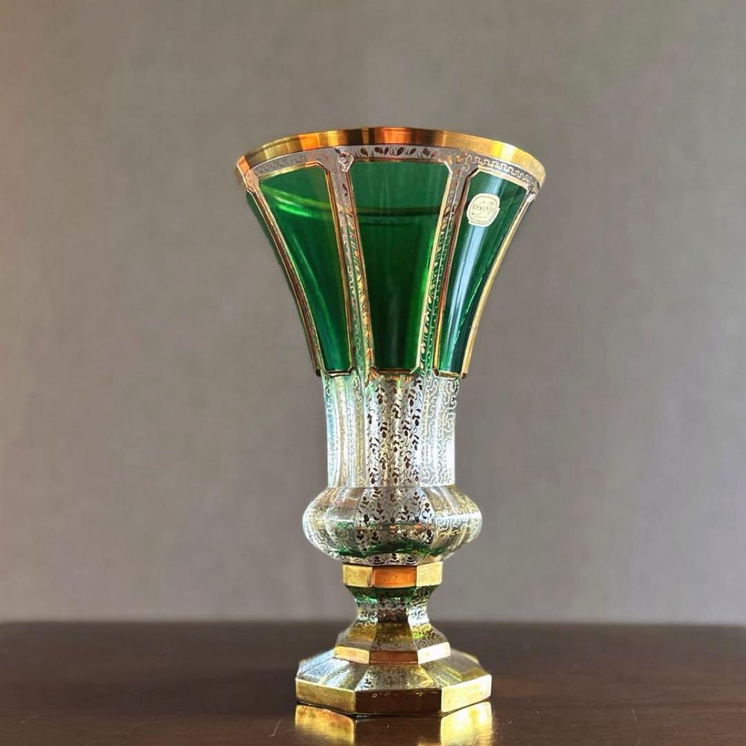 ヴィンテージ◇チェコ製　ボヘミアクリスタルガラス　金彩ベース花瓶