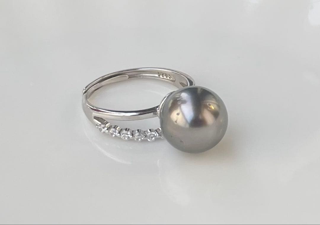 黒蝶真珠 タヒチ 南洋パール s925リング 指輪 大玉 プラチナの瞳 存在感