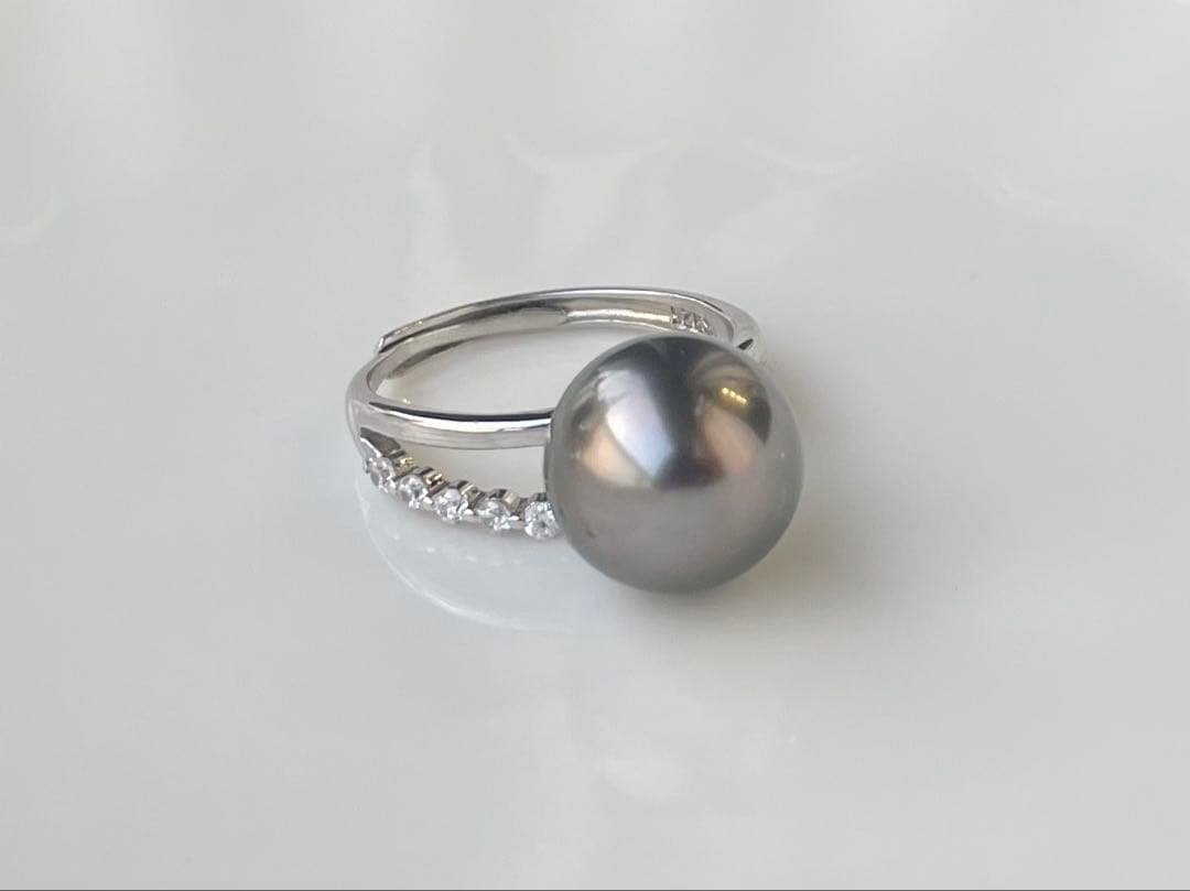 黒蝶真珠 タヒチ 南洋パール s925リング 指輪 大玉 プラチナの瞳 存在感