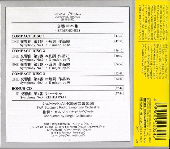 【新品未開封 3CD 1998年国内盤】チェリビダッケの遺産 ブラームス:交響曲