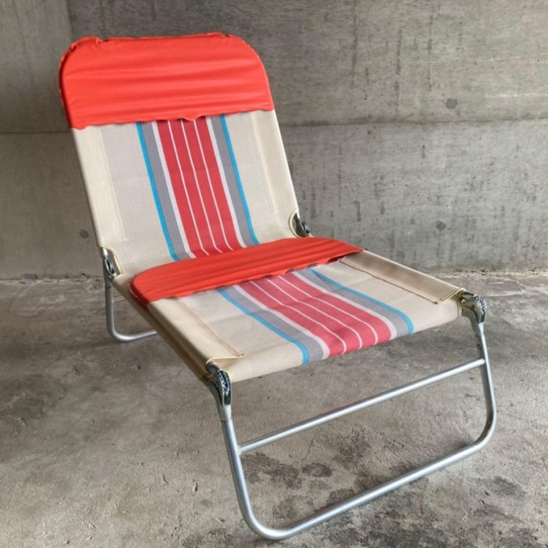 サマーベッド ビーチベッド ボンボン リクライニング 折り畳み オレンジ レトロ