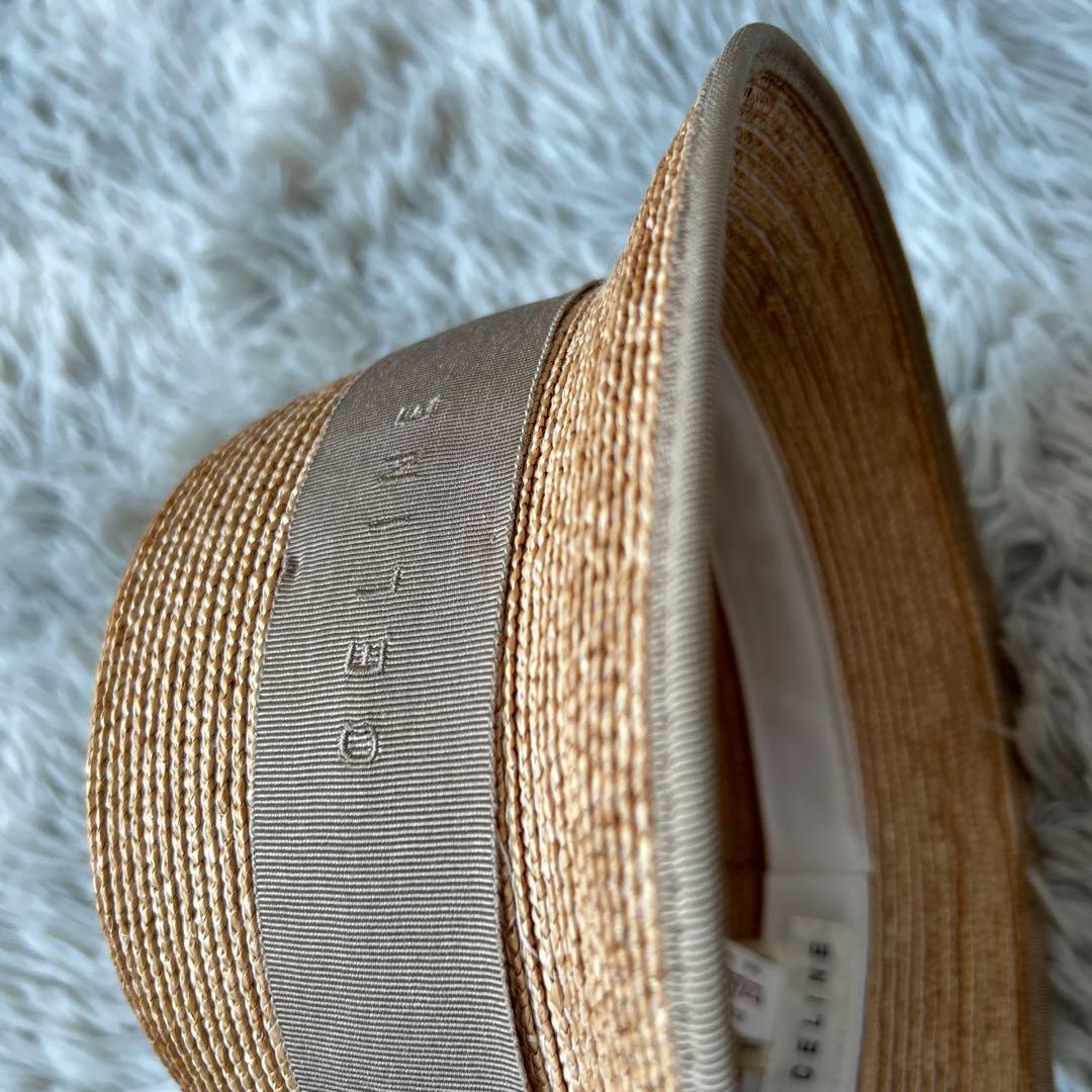 【美品】CELINE ストローハット バケット ロゴリボン 麦わら帽子 Mサイズ