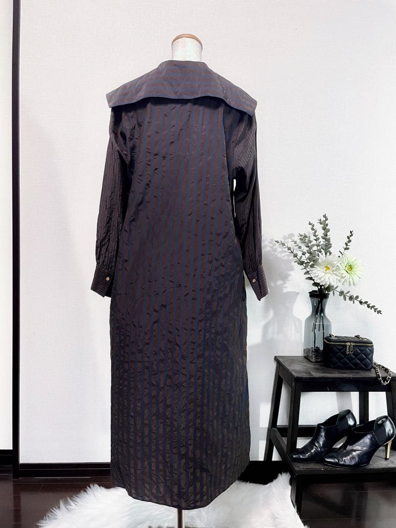 美品BRAHMINストライプ柄セーラー襟シャツワンピース袖ゴールドボタンロング丈
