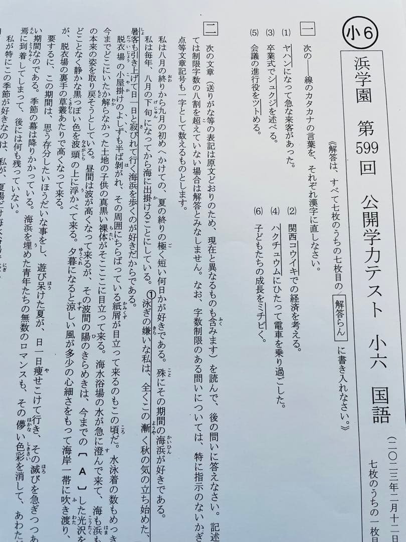 浜学園 公開学力テスト 2023年、2024年度 小6 2年分 4科目