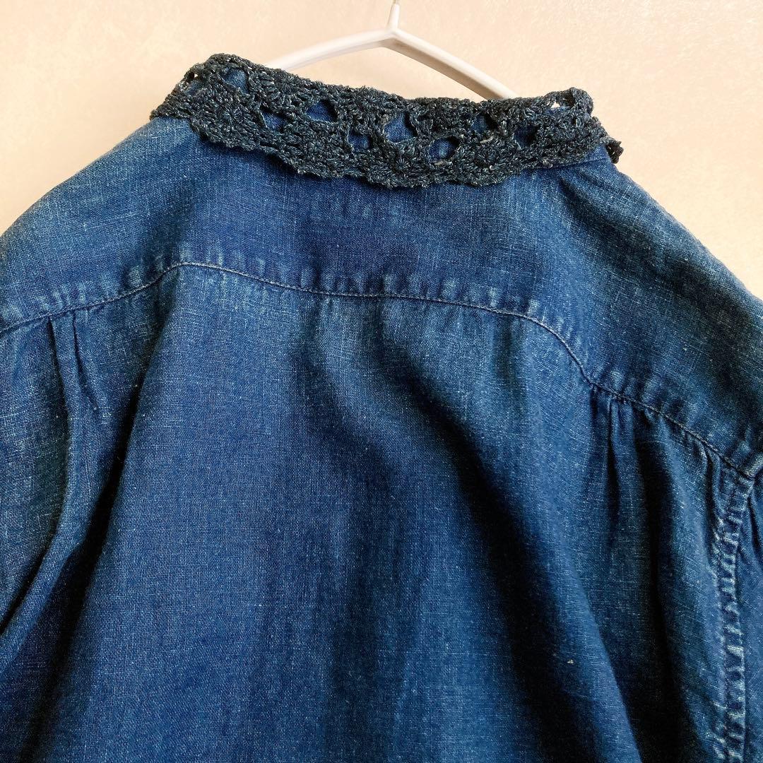 キャピタル レース襟 リネン100% ゆったり インディゴデニムシャツ 藍色